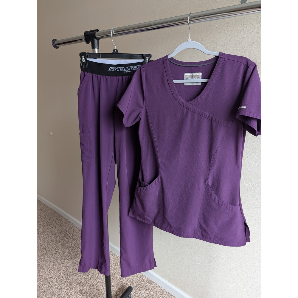 Skechers by Barco Purple Medical Scrub Set V-Neck Top S & Cargo Pants Small XS